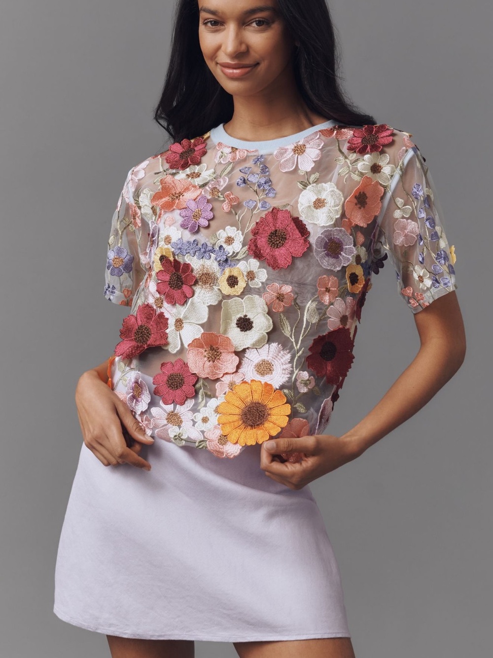 Anthropologie tops! Floral Applique Sheer Top & Cream Puff-Sleeve Tee - Picture 9 of 11